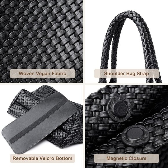 Chic Vegan Leather Woven Tote Bag with Matching Clutch - Large Stylish Accessory - Picture 4 of 6